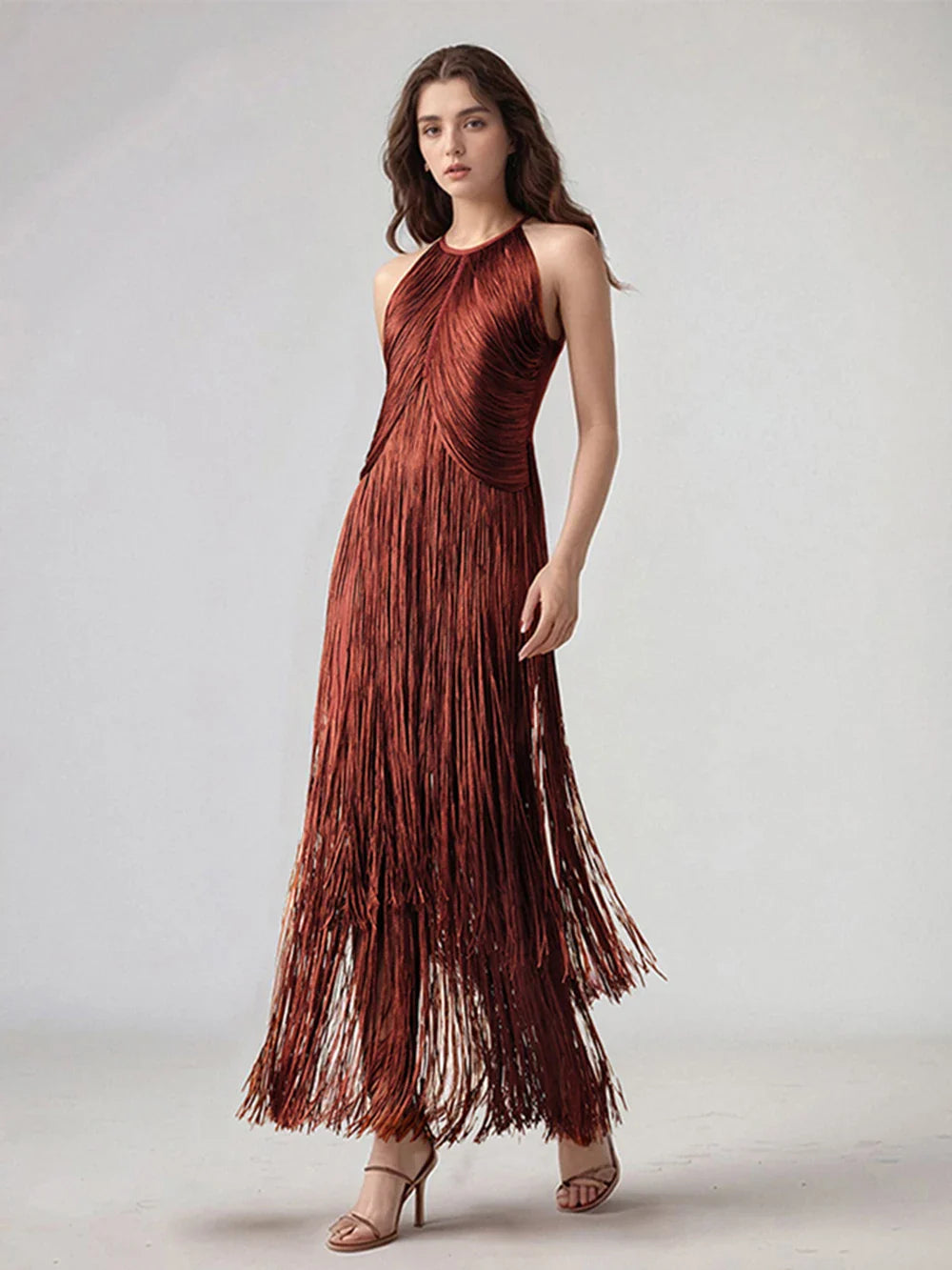 Modphy Sexy Tassel Ankle Bodycon Bandage Long Dress Celebrity Elegant Evening Club Luxury Birthday Party Outfit ﻿
