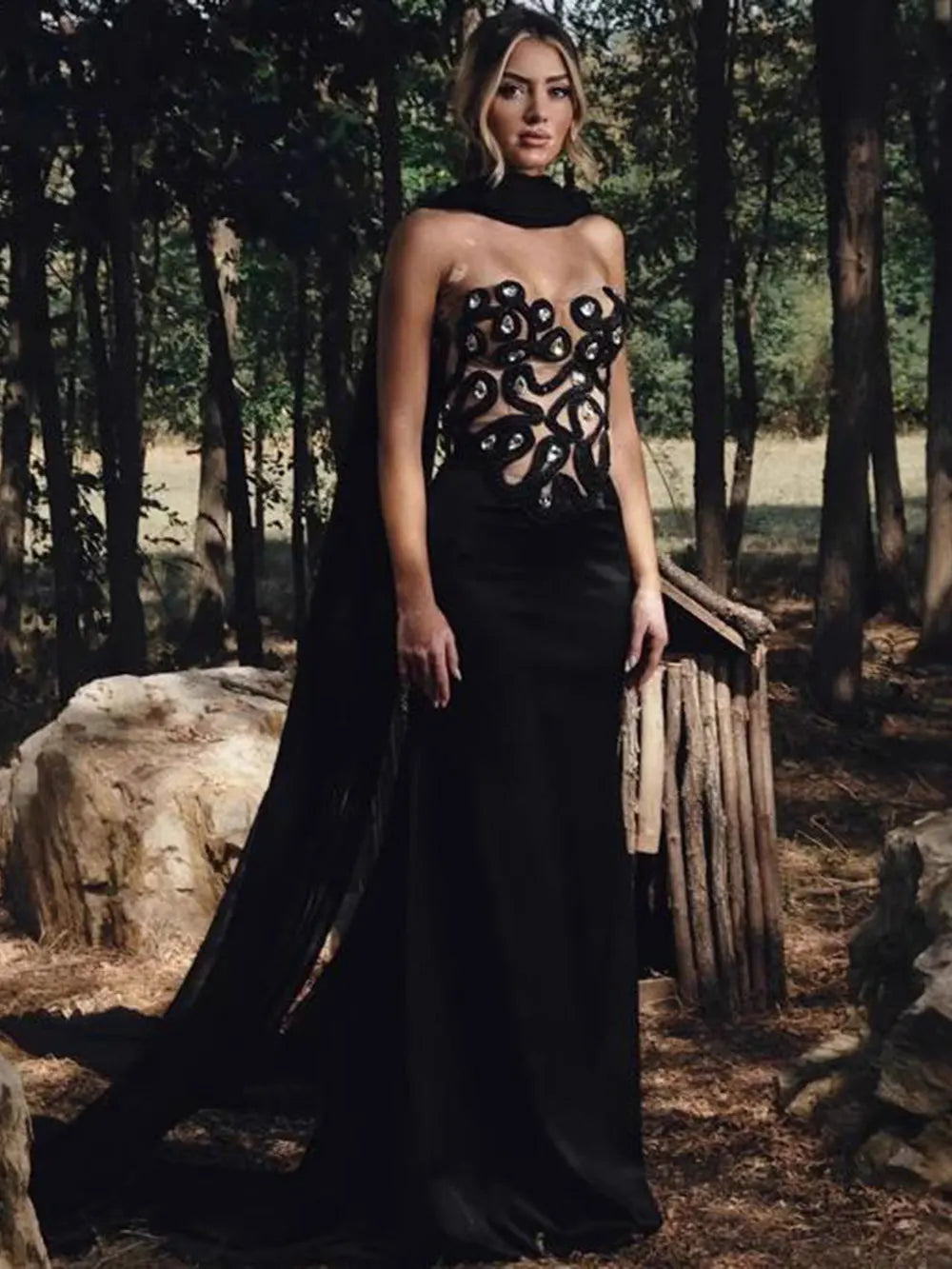 Elegant Women's Light Luxury Nail Bead Patchwork Bandage Dress+Scarf Strapless Sleeveless Bodycon Long Dress Party Vestidos