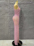 Handmake Top Quality Women Sleeveless Sexy O-Neck Mesh See Through Full Crystal Bodycon Long Dress Birthday Party Stage Wear
