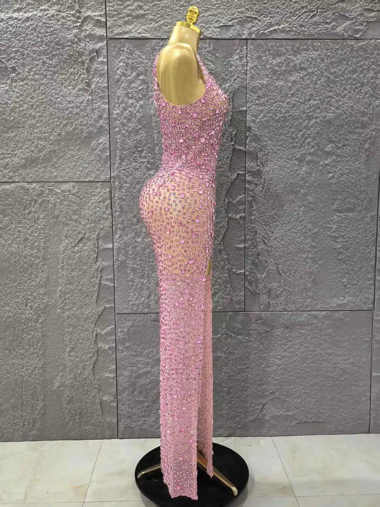 Handmake Top Quality Women Sleeveless Sexy O-Neck Mesh See Through Full Crystal Bodycon Long Dress Birthday Party Stage Wear