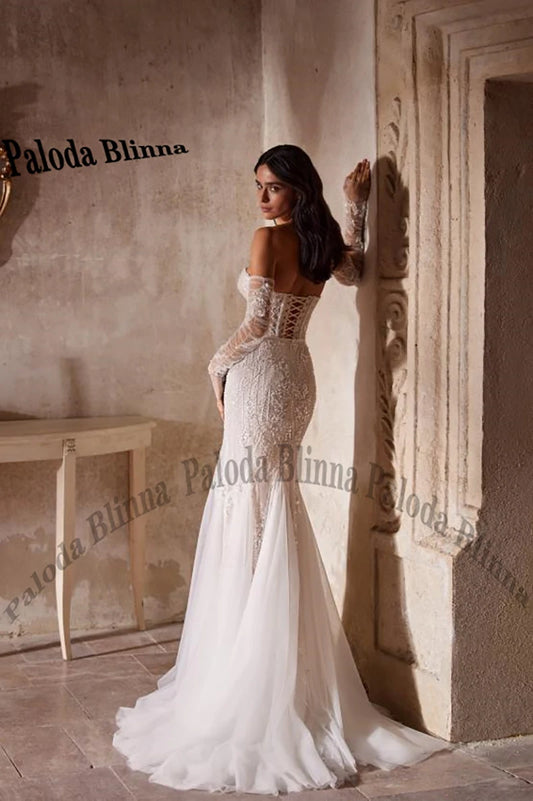 Vintage Mermaid Lace Wedding Dresses For Women Detachable Full Sleeves Sweetheart Lacing Up Appliques Court Train Tulle