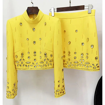 2024 Heavy Industry Nail Bead Inlaid Diamond O-Neck Long Sleeve Slim Fit Short Top and Mini Skirt Set in Synthetic Fiber Yellow