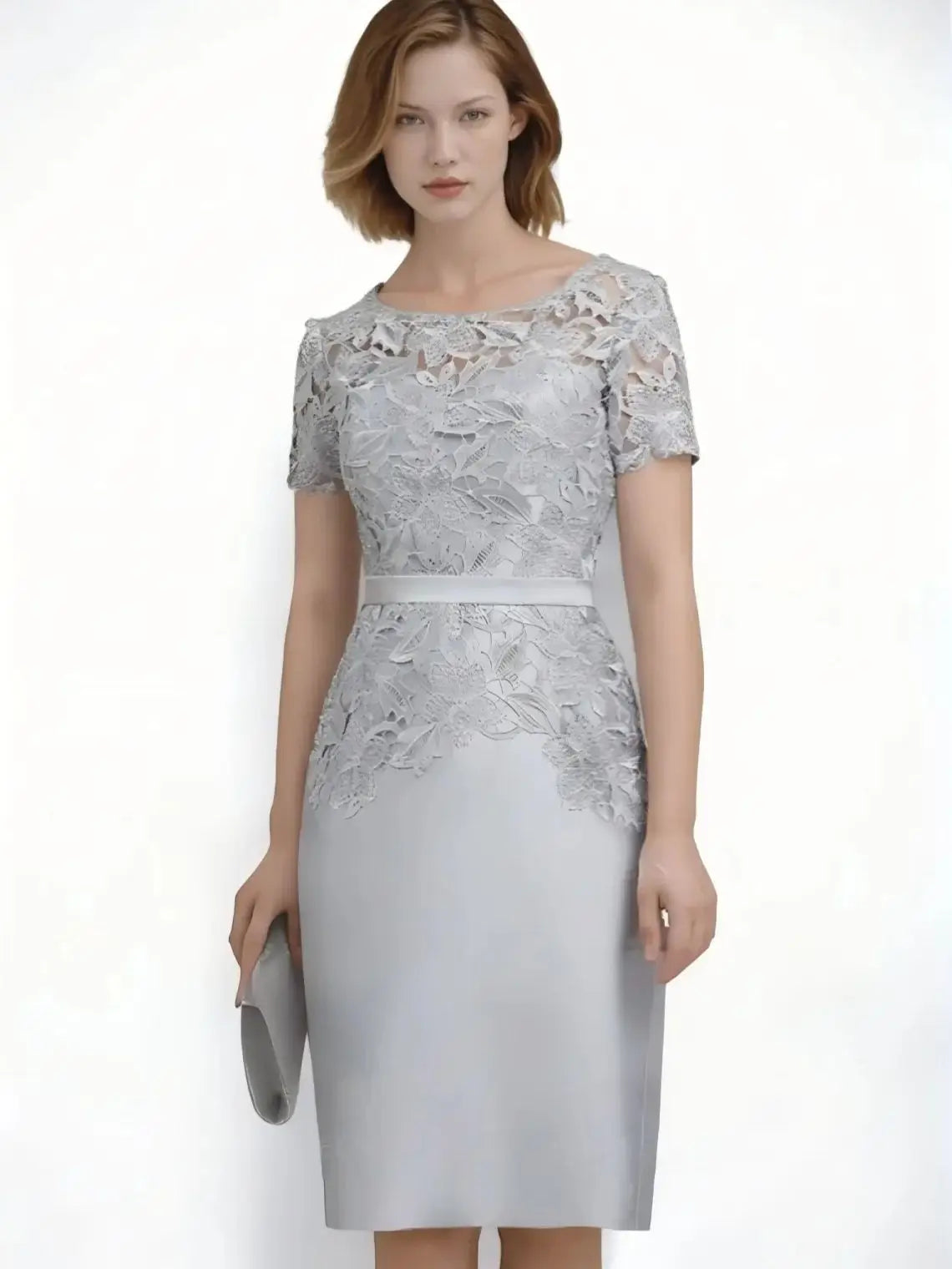 Mother Of The Bride Dress - Elegant Formal Evening Dress Satin Scoop Neck Knee-Length Cocktail Dress Applique Mother of the Bride Dress 2025 Free Customized Silver