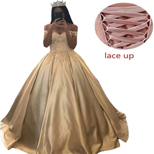 Beautiful Gold Quinceanera Dress With 3D Flowers Off Shoulders Satin Lace Up Fifteen A Line Satin Vestido De Xv Party Customized