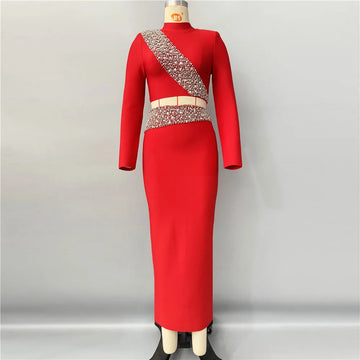 Black Red Women’s Long Sleeve Bodycon Bandage Dress with Rhinestones, Polyester Sheath Silhouette, Elegant Evening Party Outfit Red