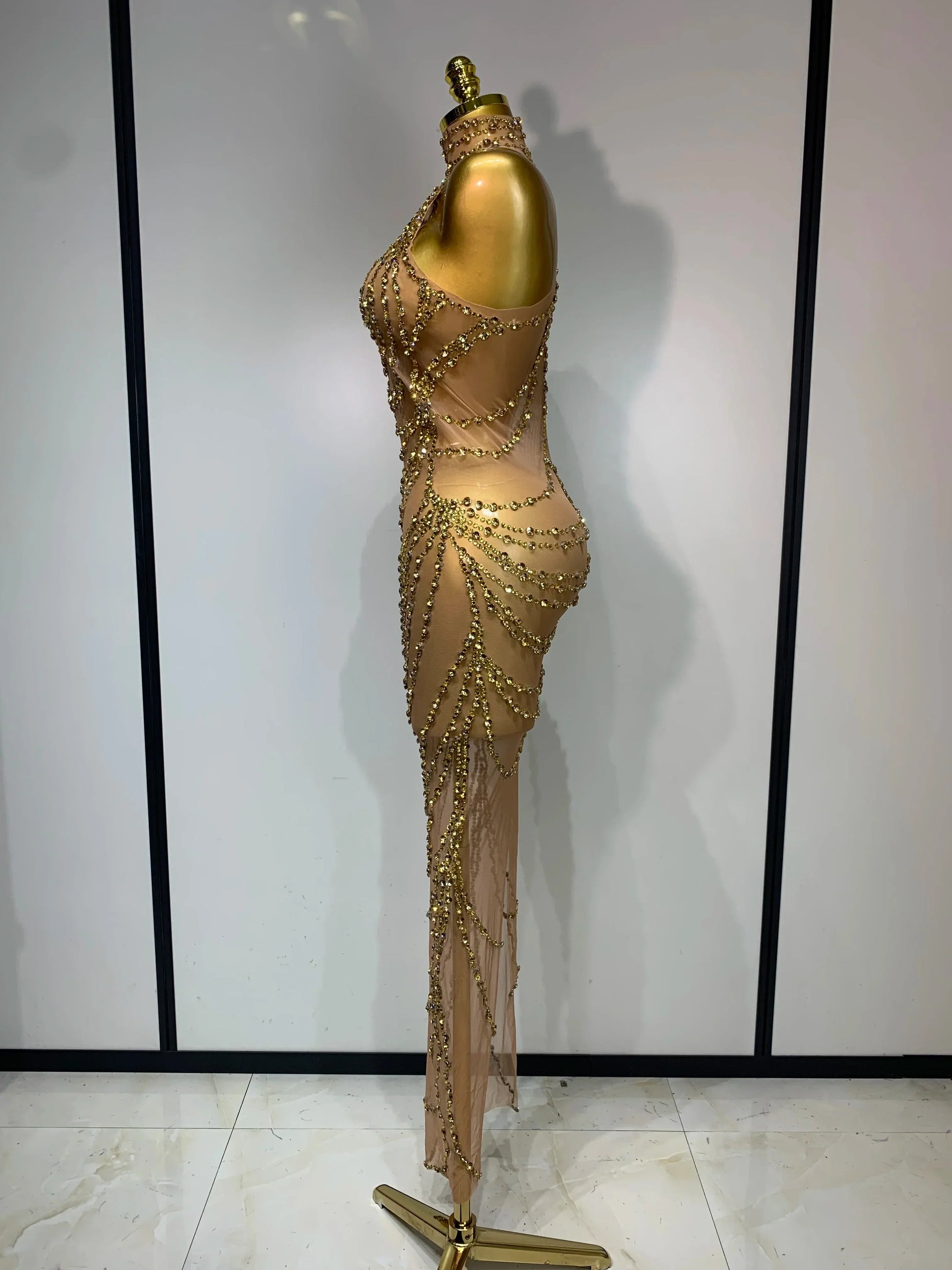 Sparkly Rhinestone Sexy Transparent Mesh Long Dress Women Luxury Birthday Club Party Gown Stage Singer Performance Costume