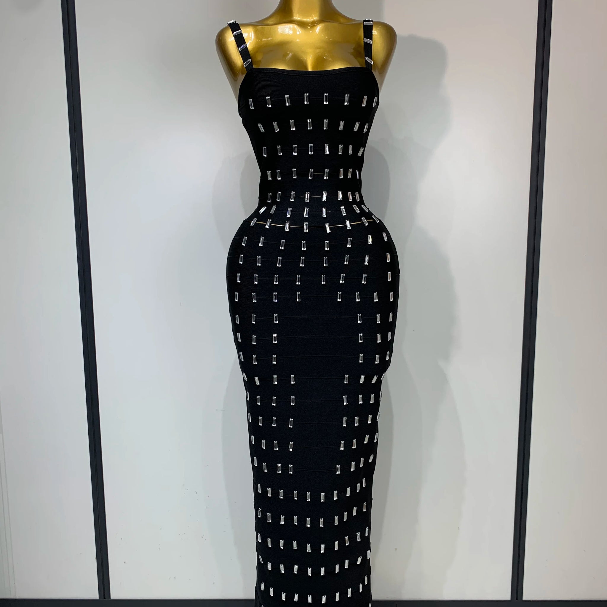 Women's Fashion Sexy Luxury Rhinestone Black Bodycon Bandage Dress Cocktail Evening Party Long Dresses Wedding Guest Gown black