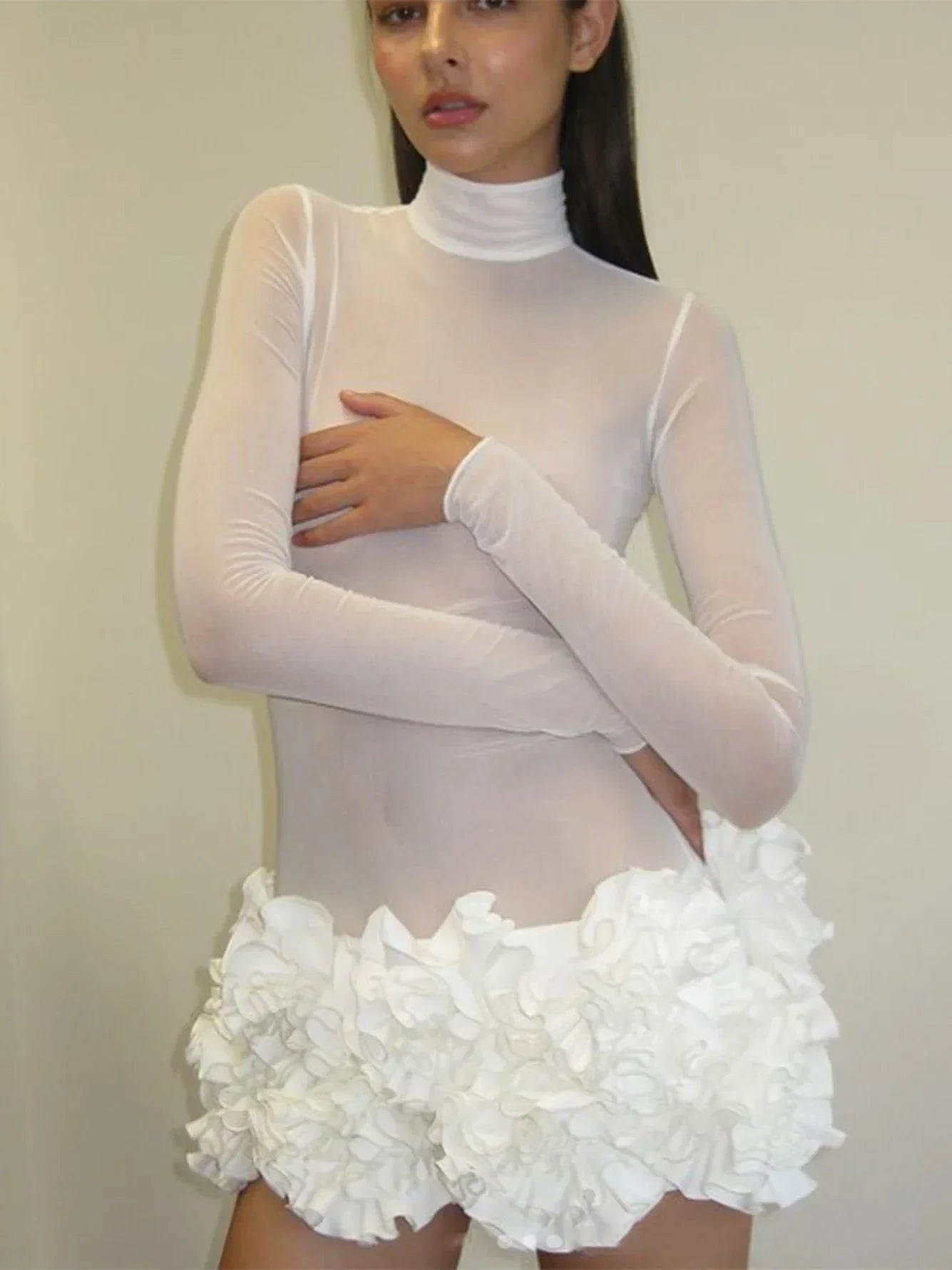 2024 Sexy Women's Perspective Mesh Mini Dress Stand Collar Long Sleeve Bodycon 3D Flower Decoration Dress Evening Party Vestidos Ivory