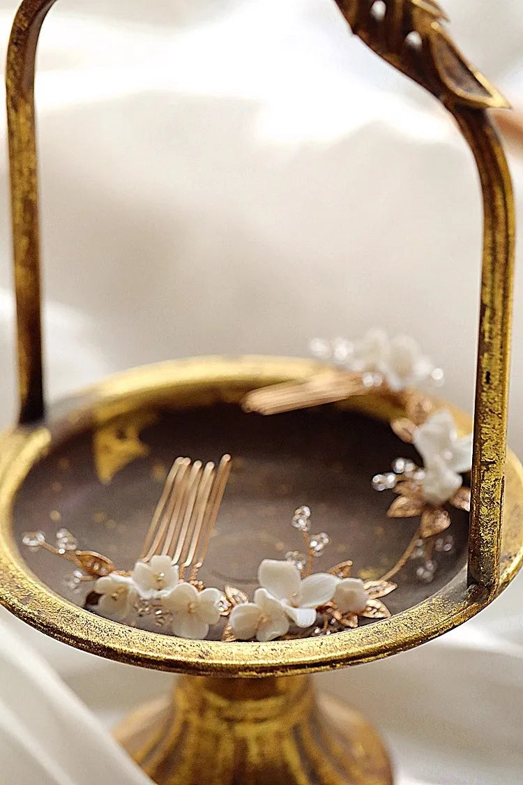 Bridal Jewelry Porcelain Flower Headband Hairband Vintage Gold Color Headpiece Headdress Brides Hair Comb Wedding Accessories
