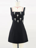 Elegant Women's 3D Diamond Flower Bandage Dress Camisole Sleeveless A-line Mini Dresses Cocktail Banquet Dress Vestidos black