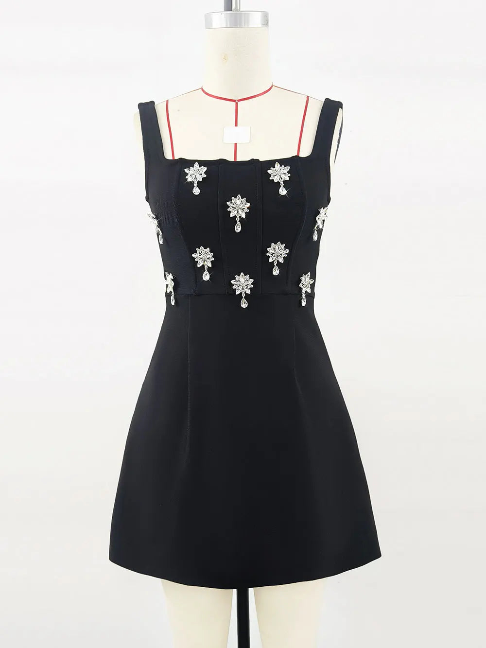 Elegant Women's 3D Diamond Flower Bandage Dress Camisole Sleeveless A-line Mini Dresses Cocktail Banquet Dress Vestidos black