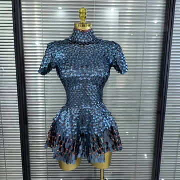 Silver Shining Sequin Rhinestone Bodysuit Mini Dress Nightclub Leotard Polyester Spandex Blue