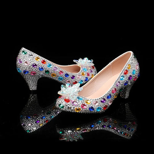 Luxury Colorful Rhinestones Wedding Women Pumps Fashion Round toe Crystal Flowers Bridal Party High heels Elegant Banquet Shoes