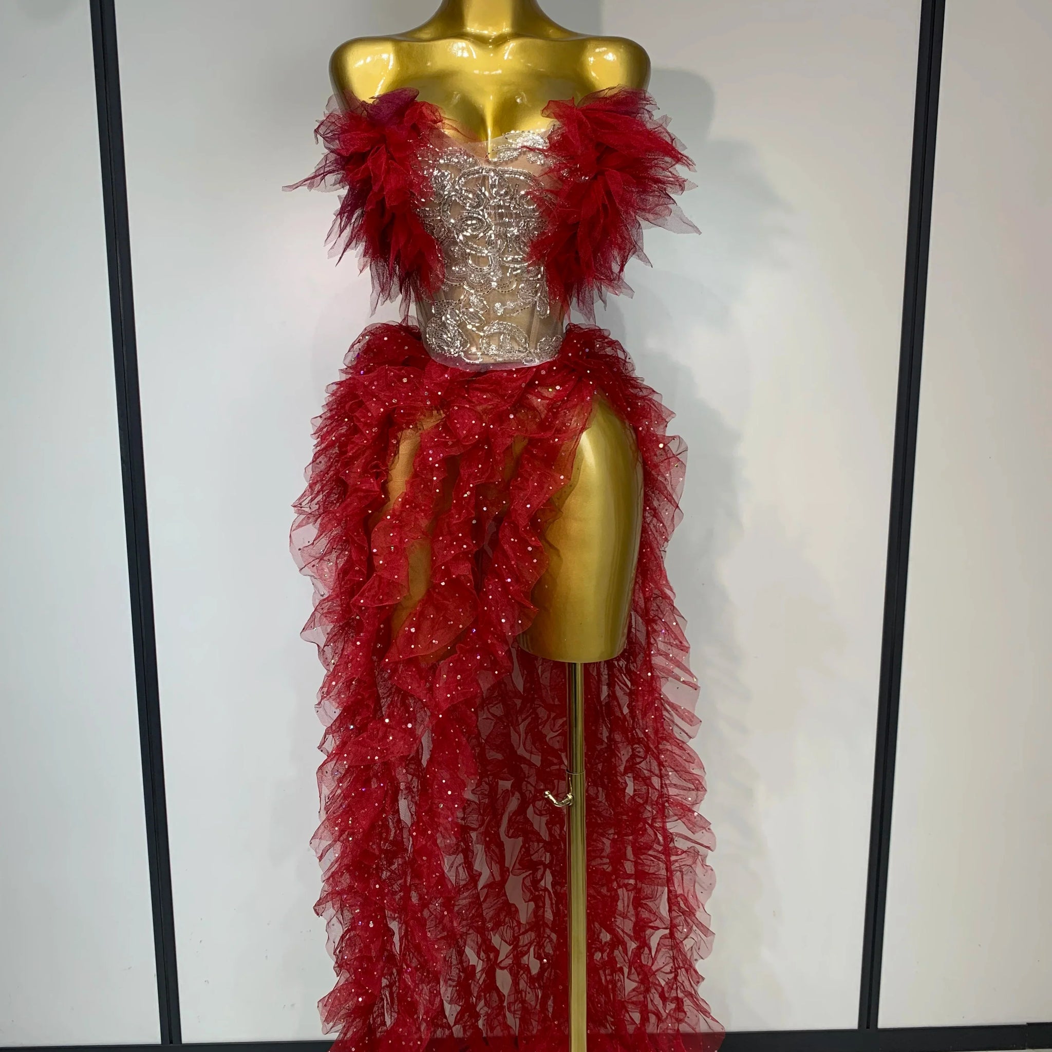 Women Sexy Strapless Mesh two Pieces Set Bodycon Long Dress High Split Nightclub Party Luxury Birthday Singer Stage Outfit Red