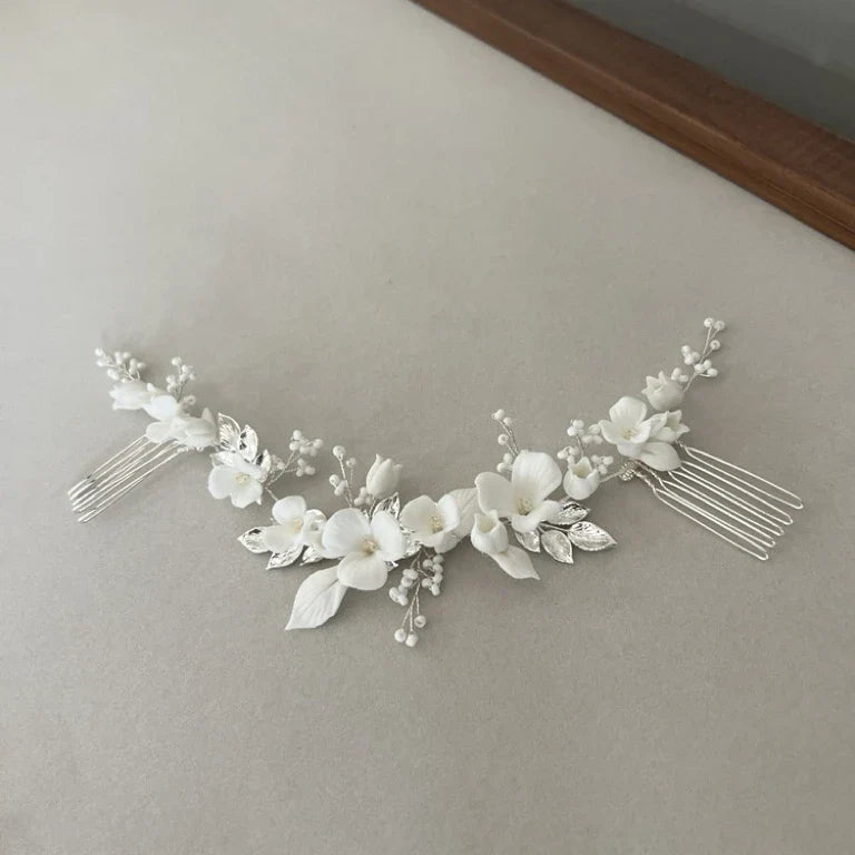 Gold Silver Color Headpiece Headband Hair Comb Pin Clip For Brides Porcelain Flower Hairpin Wedding Accessories Bridal Jewelry