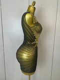 Sparkly Gold Rhinestone Transparent Sleeveless Mini Dress Evening Birthday Celebrate Party Nightclub Performance Costume