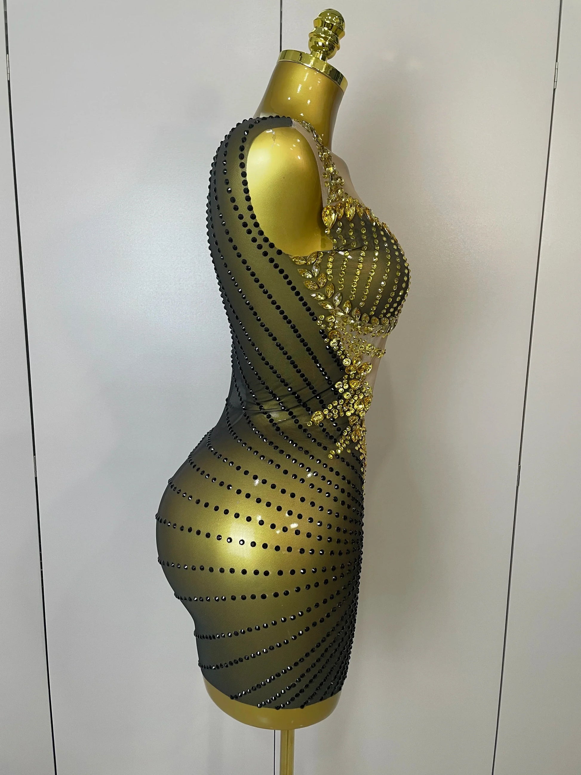 Sparkly Gold Rhinestone Transparent Sleeveless Mini Dress Evening Birthday Celebrate Party Nightclub Performance Costume