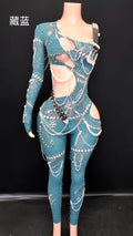 Sexy Shining Pearl Chain One Shoulder Hollow Out Jumpsuit Women Birthday Party Nightclub Singer Performance Stage Wear Blue