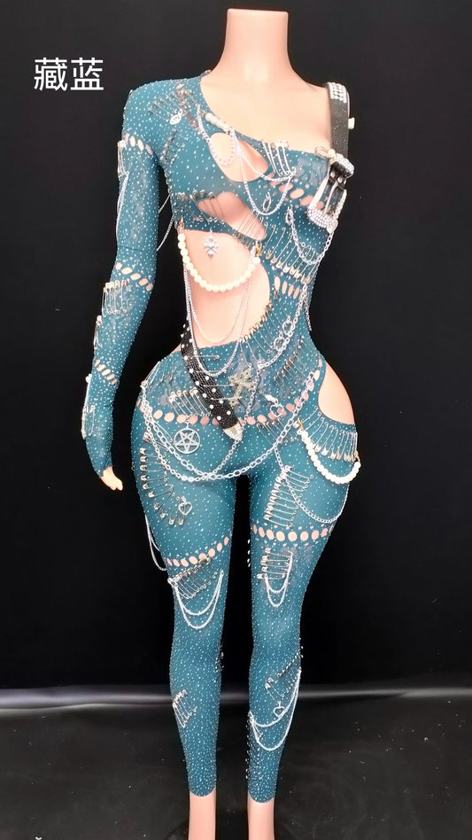 Sexy Shining Pearl Chain One Shoulder Hollow Out Jumpsuit Women Birthday Party Nightclub Singer Performance Stage Wear Blue