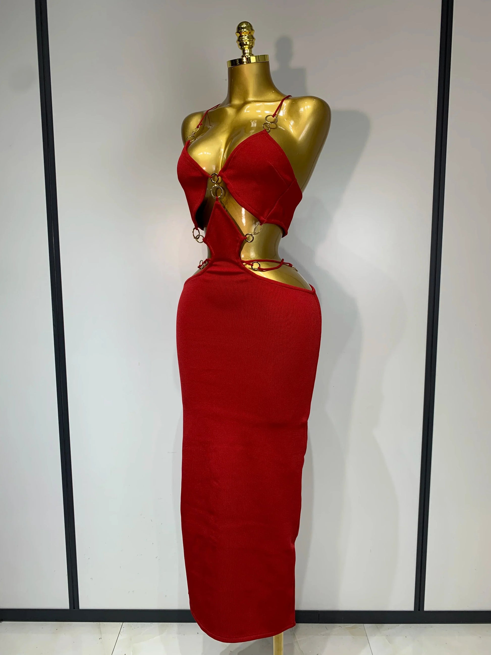 Women Sleeveless Sexy Halter Hollow Out Black Red Bodycon Long Bandage