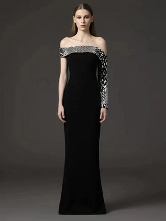 2025 Vestido Women'S Luxury Crystal Beaded Off Shoulder One Shoulder Long Sleeved Long Maxi Dress Wedding Banquet Party Gowns