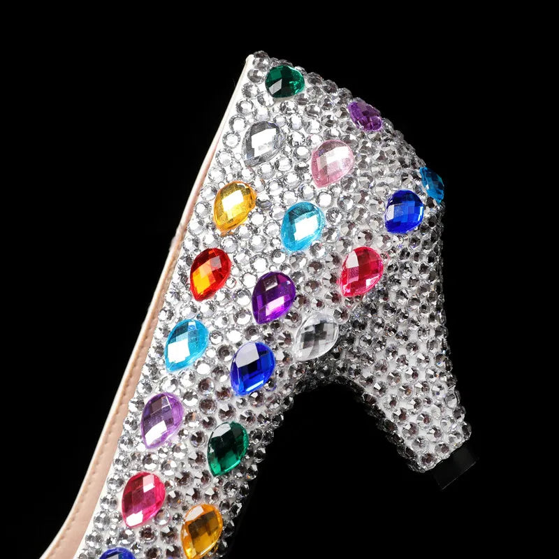 Luxury Colorful Rhinestones Wedding Women Pumps Fashion Round toe Crystal Flowers Bridal Party High heels Elegant Banquet Shoes