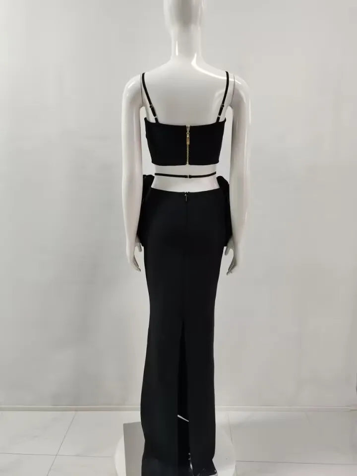 Black White Color Women Sexy Strap Florals 2 Pieces Bodycon Long Dress Celebrate Nightclub Party Bar Singer Performance Costume