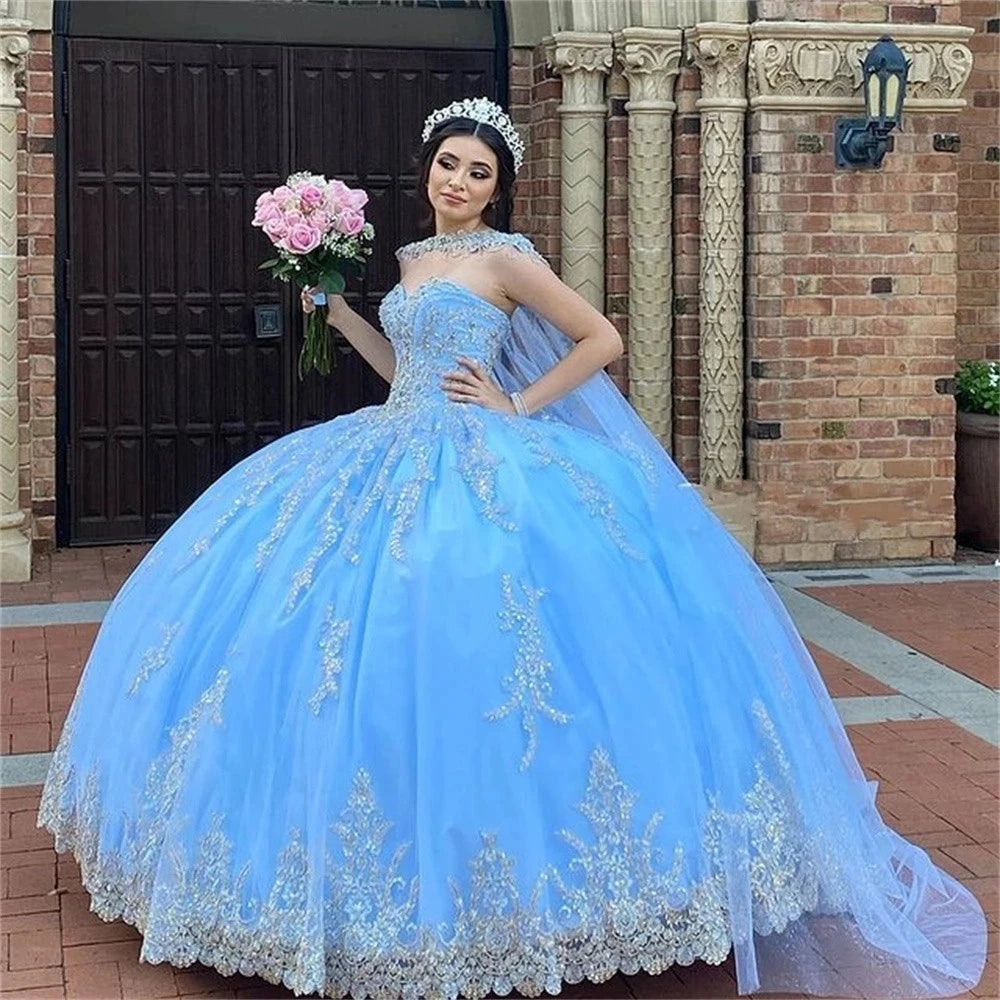 Glittering Light Blue Sweetheart Quinceanera Dresses with Cape Beading Lace Birthday Party Gown Vestidos De 15 Anos