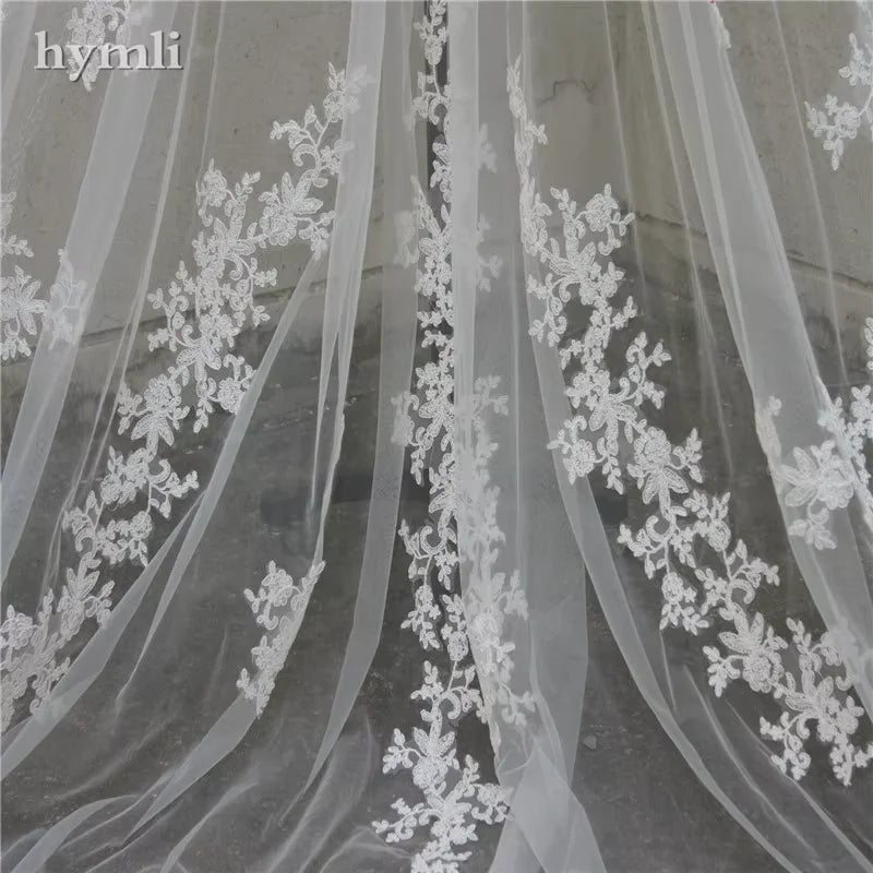 118" Long, 110" Wide 1 Layer Lace Applique Wedding Veil Cathedral Length Bridal Veil with Comb