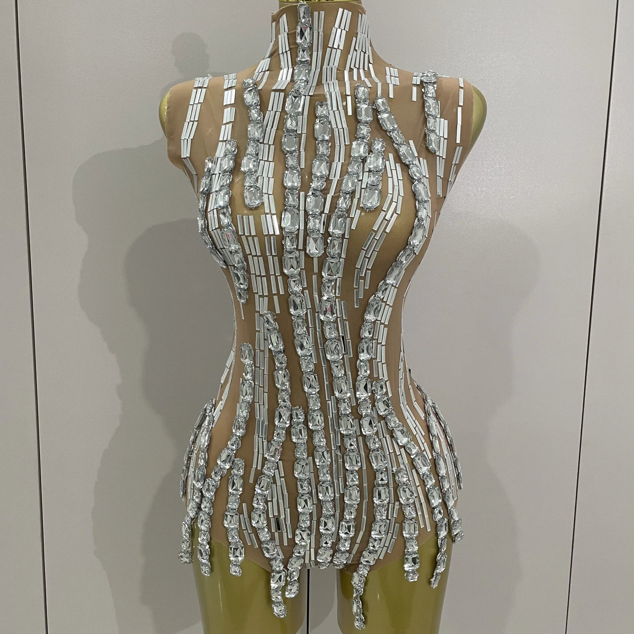 Sparkly Rhinestone Chain Sexy Transparent Sleeveless Bodysuit Women Party Nightclub Team Performance Costume Show Stage Wear Silver