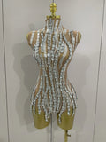 Sparkly Rhinestone Chain Sexy Transparent Sleeveless Bodysuit Women Party Nightclub Team Performance Costume Show Stage Wear Silver