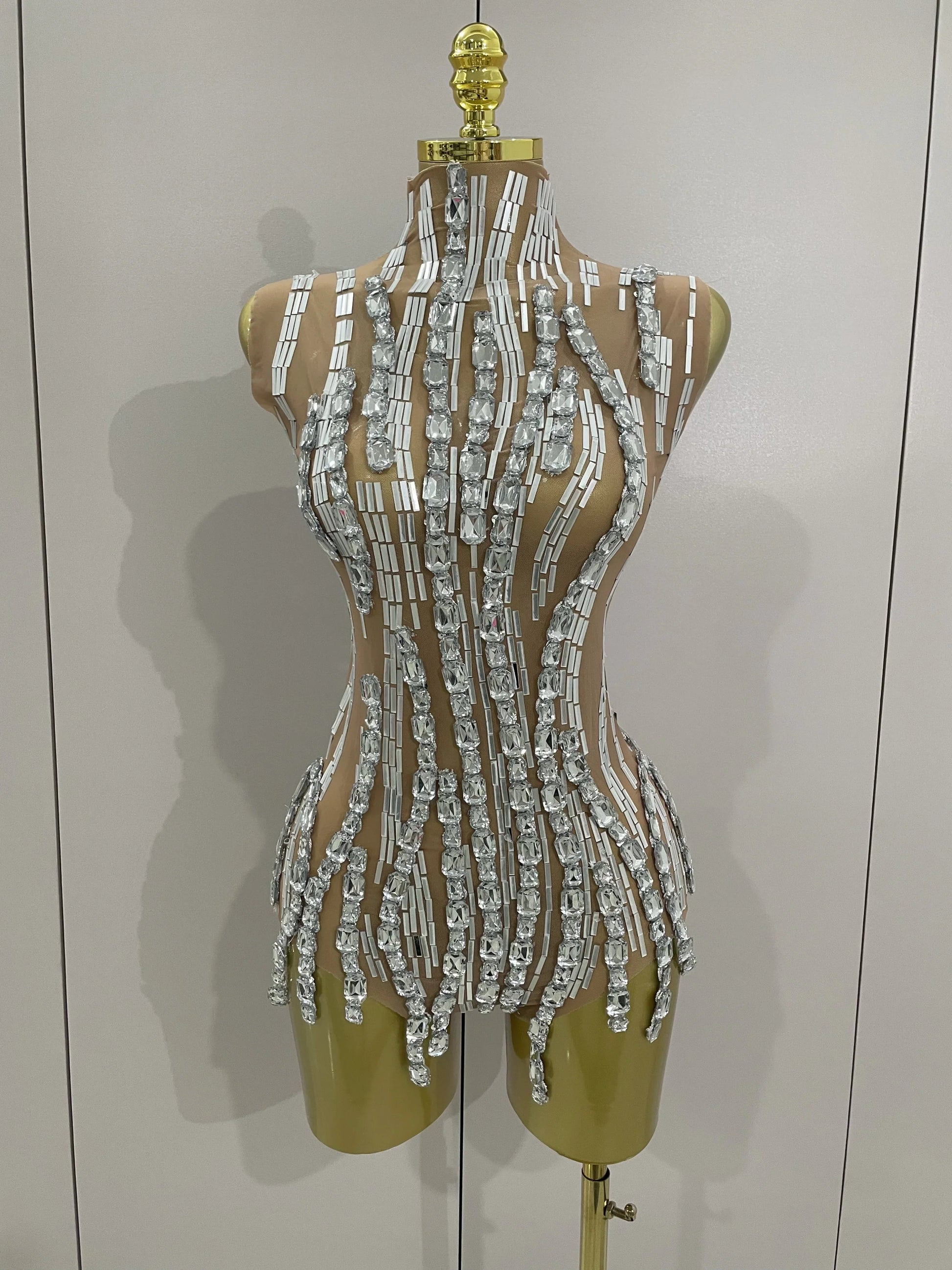 Sparkly Rhinestone Chain Sexy Transparent Sleeveless Bodysuit Women Party Nightclub Team Performance Costume Show Stage Wear Silver