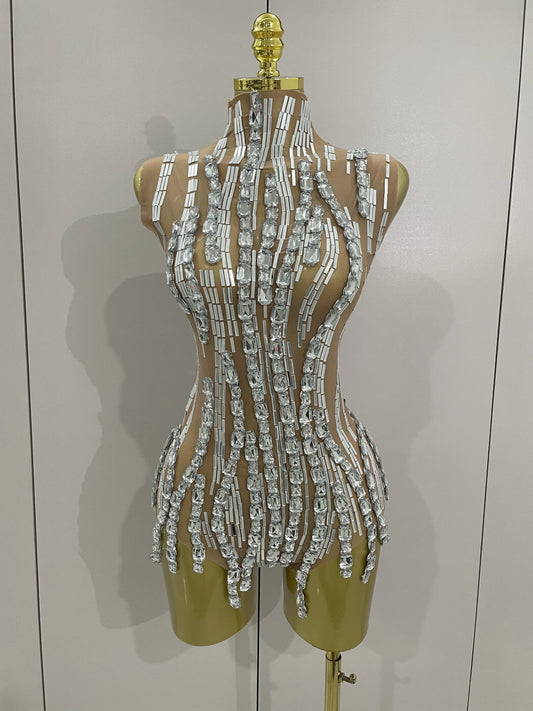 Sparkly Rhinestone Chain Sexy Transparent Sleeveless Bodysuit Women Party Nightclub Team Performance Costume Show Stage Wear Silver