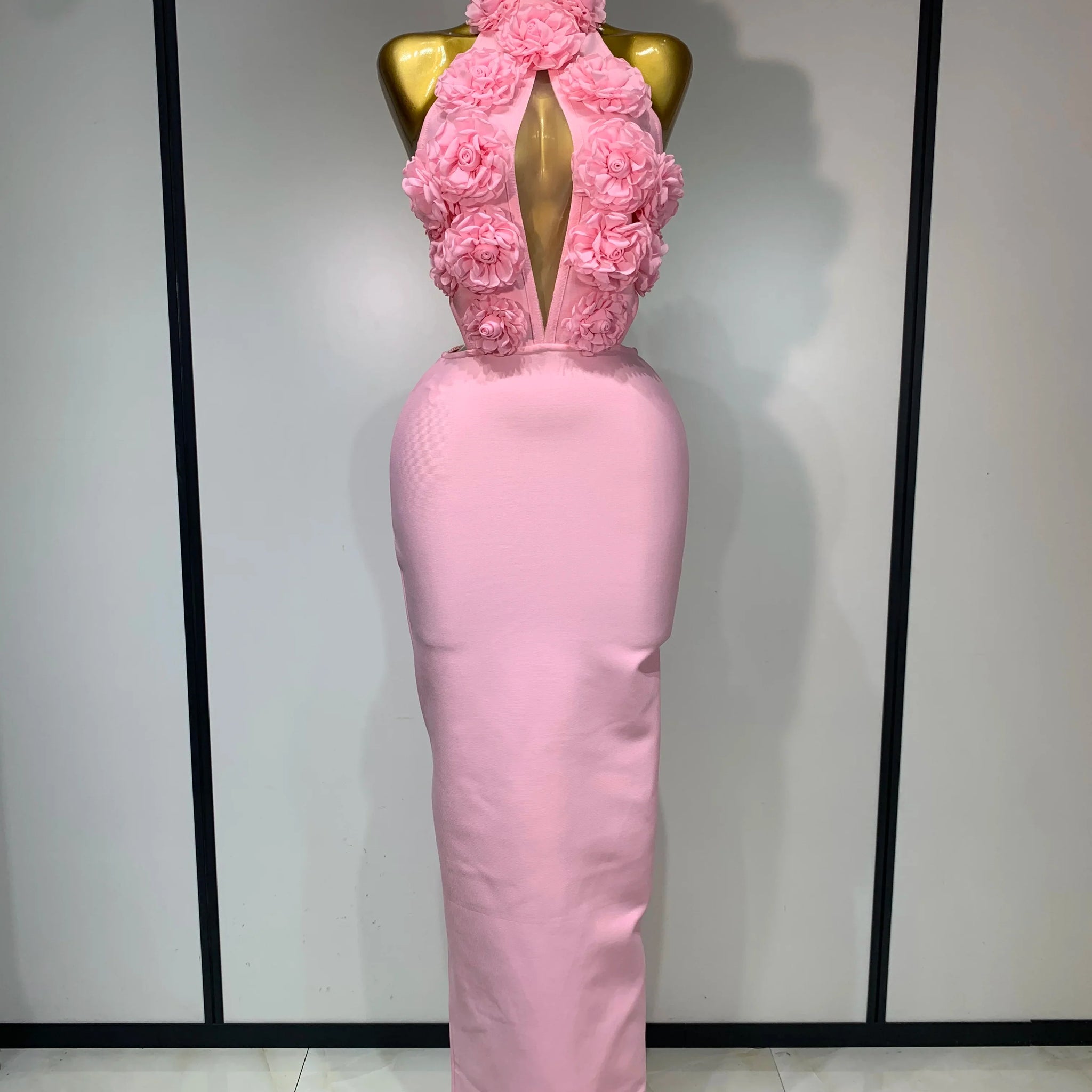 Luxury Birthday Dress Women Celebrity Sexy Halter Backless Flower Long Bandage Bodycon Dress Elegant Evening Party Outfit ﻿ Pink