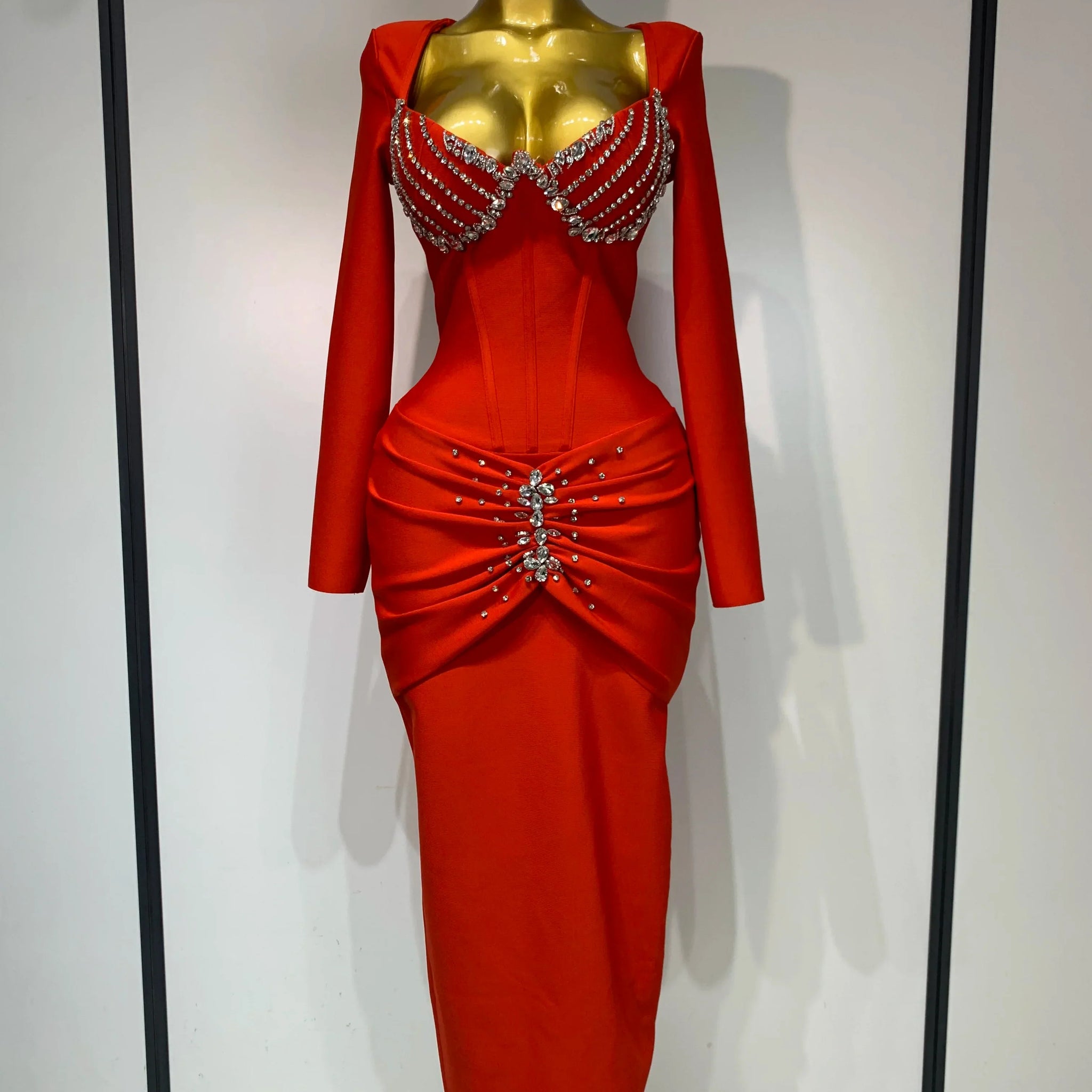 Women Sexy Luxury Sparkly Diamond Bandage Long Sleeve Bodycon Dress Celebrity Elegant Evening Club Pary Birthday Dresses Red