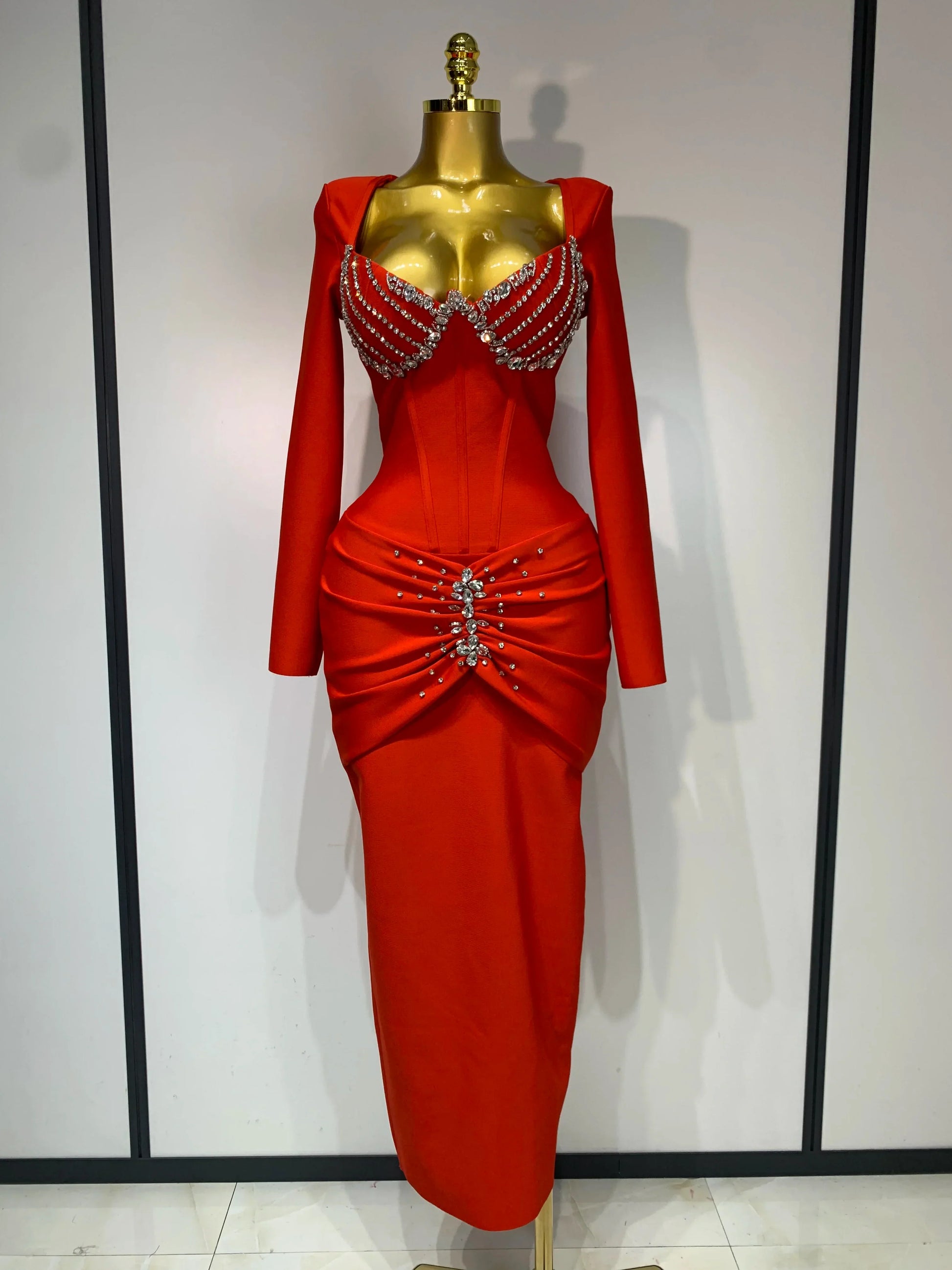 Women Sexy Luxury Sparkly Diamond Bandage Long Sleeve Bodycon Dress Celebrity Elegant Evening Club Pary Birthday Dresses Red