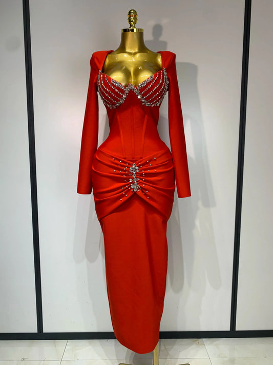 Women Sexy Luxury Sparkly Diamond Bandage Long Sleeve Bodycon Dress Celebrity Elegant Evening Club Pary Birthday Dresses Red