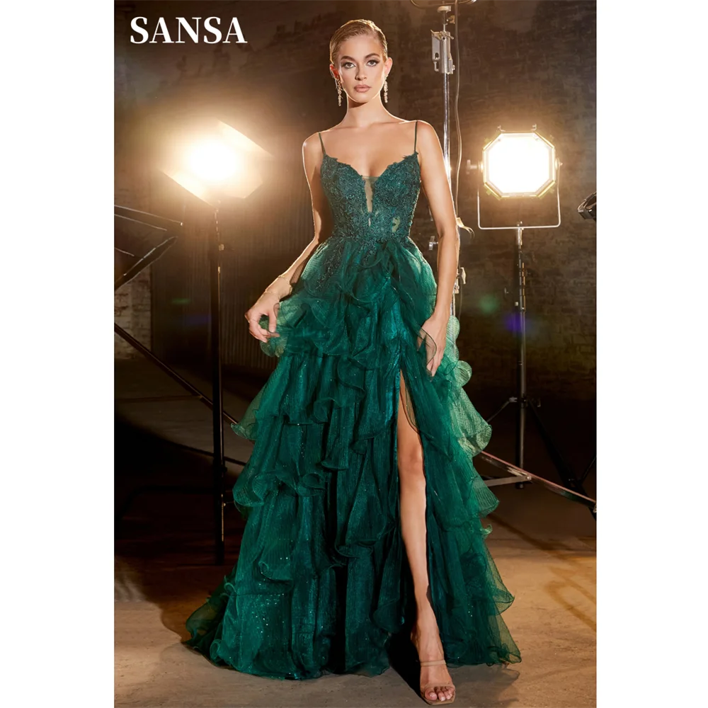 Lace Embroidery Edge Curl Prom Dress Elegant Dark Green Multilayer Vestidos De Noche Sexy Spaghetti Strap Party Dresses