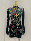 Sexy Sparkle Multicolor Rhinestones Black Velvet Gloves Slit Short Dress Women Evening Birthday Party Club Stage Costume black