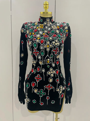 Sexy Sparkle Multicolor Rhinestones Black Velvet Gloves Slit Short Dress Women Evening Birthday Party Club Stage Costume black