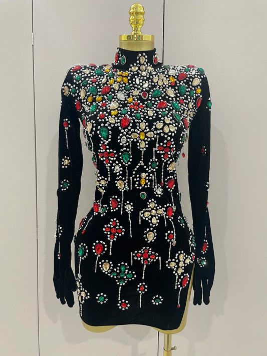 Sexy Sparkle Multicolor Rhinestones Black Velvet Gloves Slit Short Dress Women Evening Birthday Party Club Stage Costume black