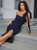 2024 Sexy Women's Bandage Dress One Shoulder Bow Strap Sleeveless Bodycon Bareback Split Dress Cocktail Evening Party Vestidos Navy Blue