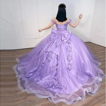 Lilac Ball Gown Quinceanera Dresses Big Bow 3D Flower Appliques Cinderella 16 Princess Gowns Vestidos De 15 Anos