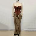 Vintage Off Shoulder Sleeveless Long Dresses Sexy Women Sheath Lace Up Patchwork Long Dress Elegant Summer For Vestidos Brown