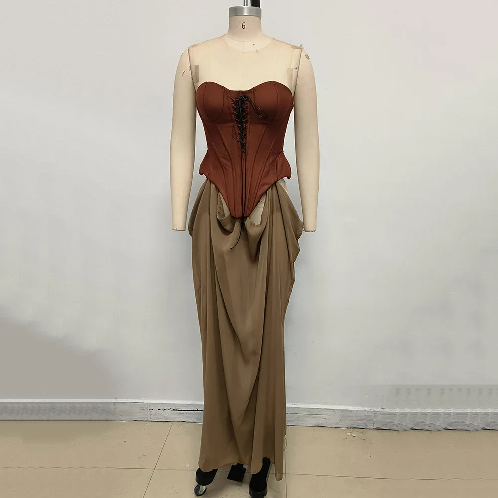 Vintage Off Shoulder Sleeveless Long Dresses Sexy Women Sheath Lace Up Patchwork Long Dress Elegant Summer For Vestidos Brown