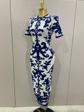 Sexy Short Sleeve Jacquard Blue Bandage Bodycon Long Dress Women Celebrity Elegant Evening Club Party Luxury Dresses