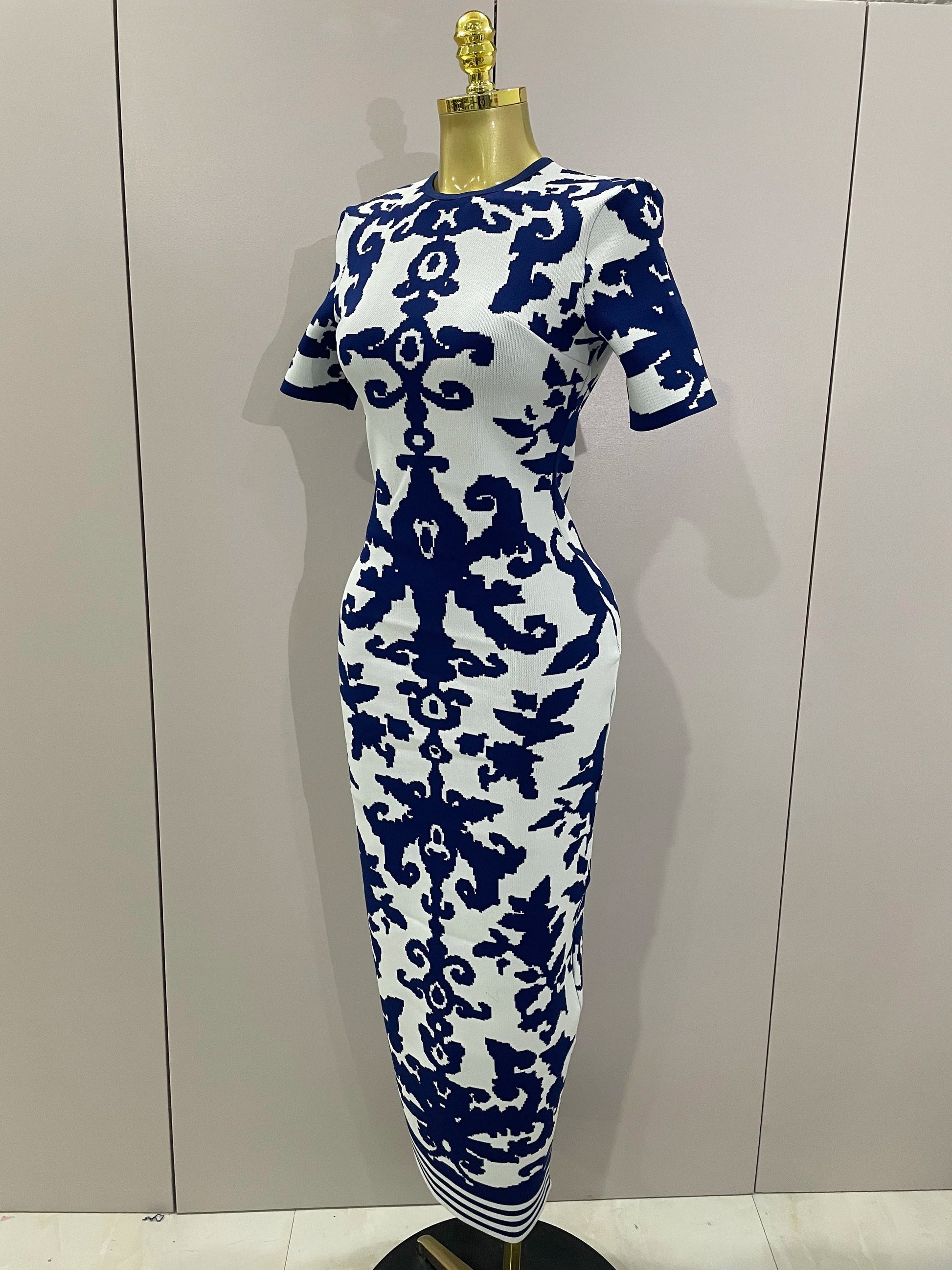 Sexy Short Sleeve Jacquard Blue Bandage Bodycon Long Dress Women Celebrity Elegant Evening Club Party Luxury Dresses