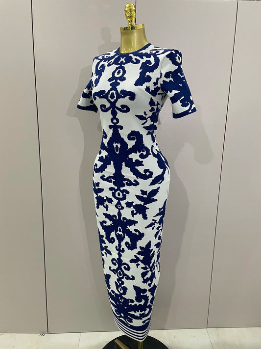 Sexy Short Sleeve Jacquard Blue Bandage Bodycon Long Dress Women Celebrity Elegant Evening Club Party Luxury Dresses