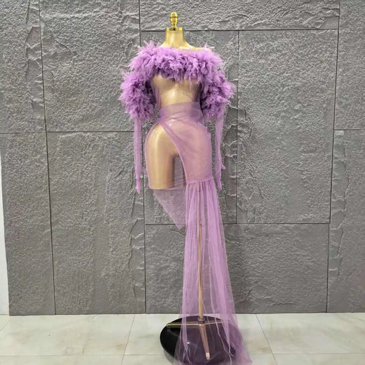 Mesh Ruffles Sexy See Through Bodycon Mini Dress Gloves Celebrate Nightclub Party Birthday Fashion Photo Shoot Wear Lavender