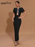 Sexy Women Three-Dimensional Heart-Shaped Design Hollow Bandage Dress O-Neck Short Sleeved Bodycon Black Long Dress Vestido black